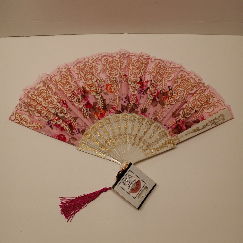 Handheld Foldable Accordion Fabric Fan Pink Tassel Floral Glitter White Gold